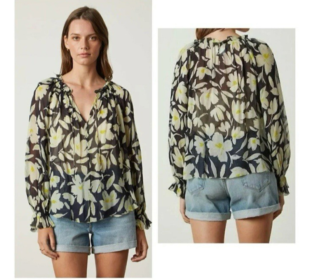 Velvet by Graham & Spencer Miley Floral Peasant Blouse XS Relaxed Fit Sheer